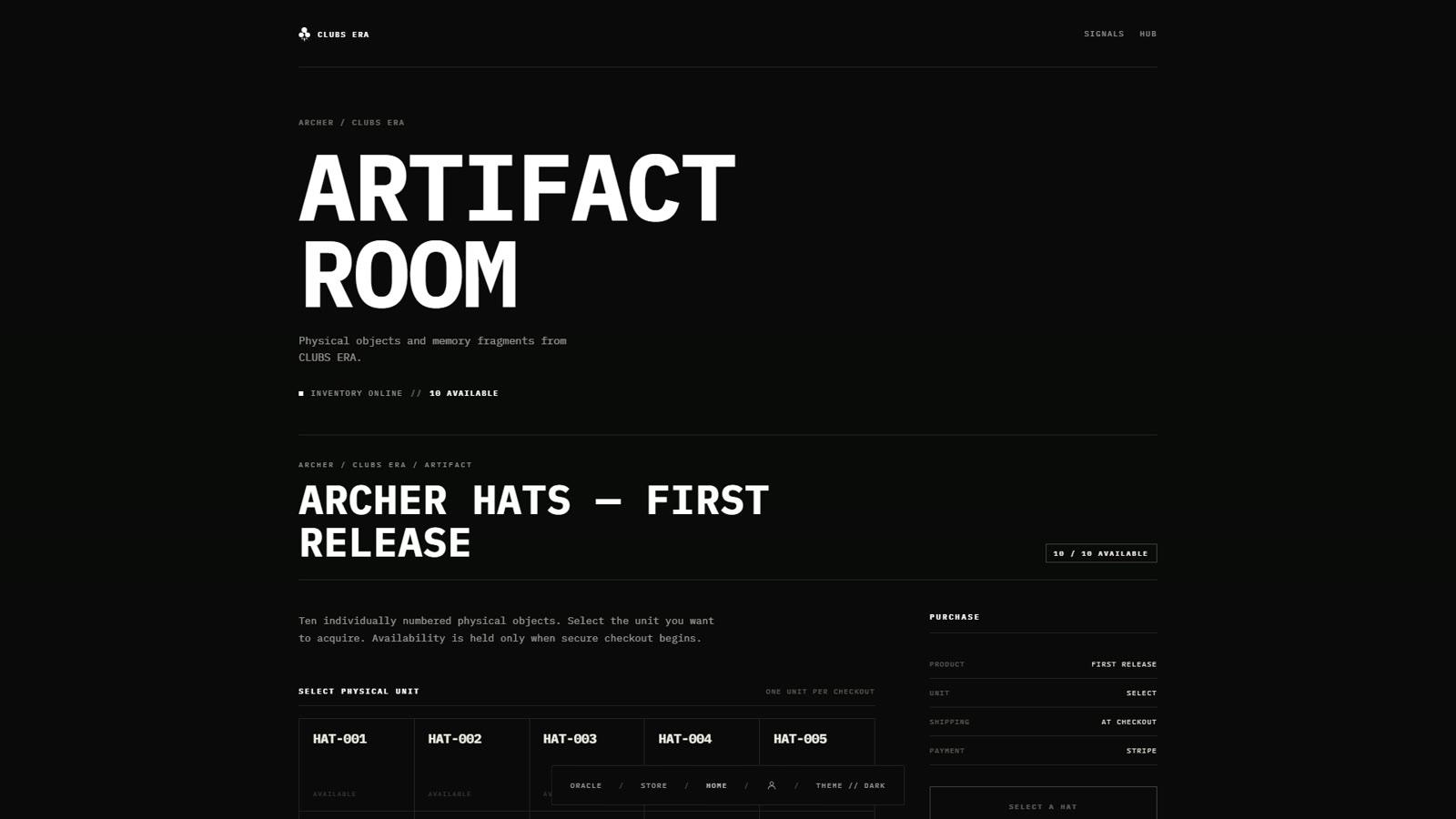 Artifact Room: Archer Hats First Release, ten numbered units with a purchase panel